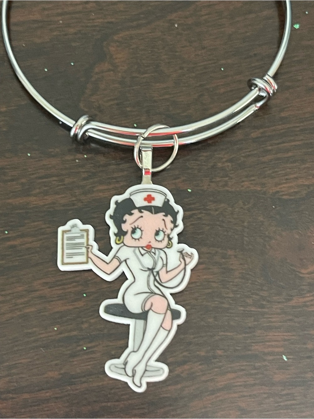 Betty Boop Nurse Charm Bangle Bracelet - Silver